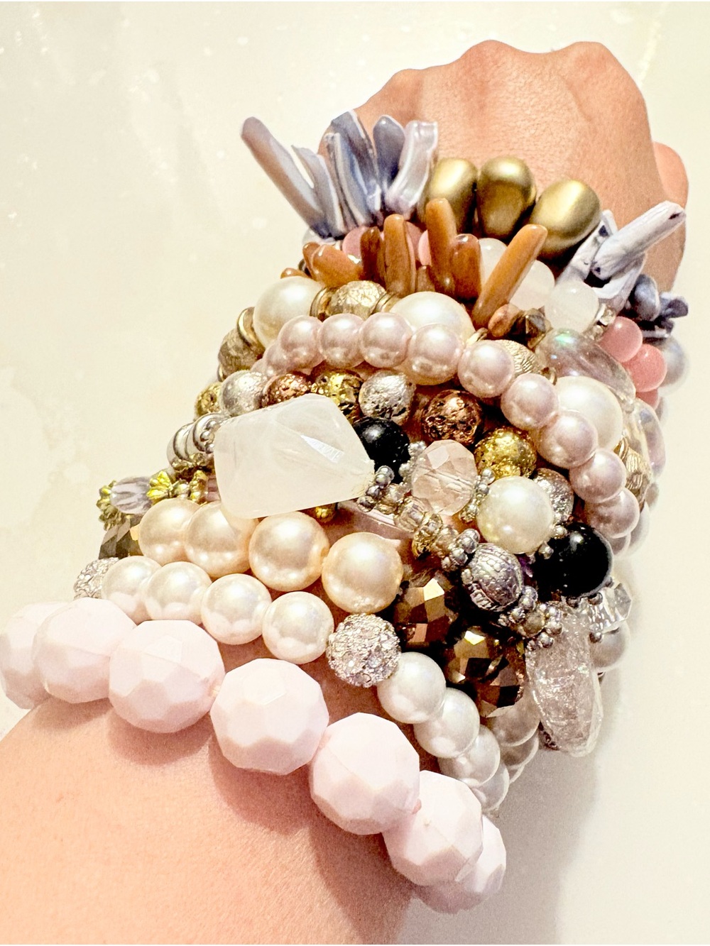 Stackable Mixed-Bead Bracelet Set of 12pc in Pink, Gold, Pearl NWOT